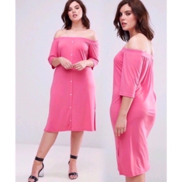 ASOS Curve Dresses & Skirts - Asos Pink Clove Bardot Button Front Shirt Dress
